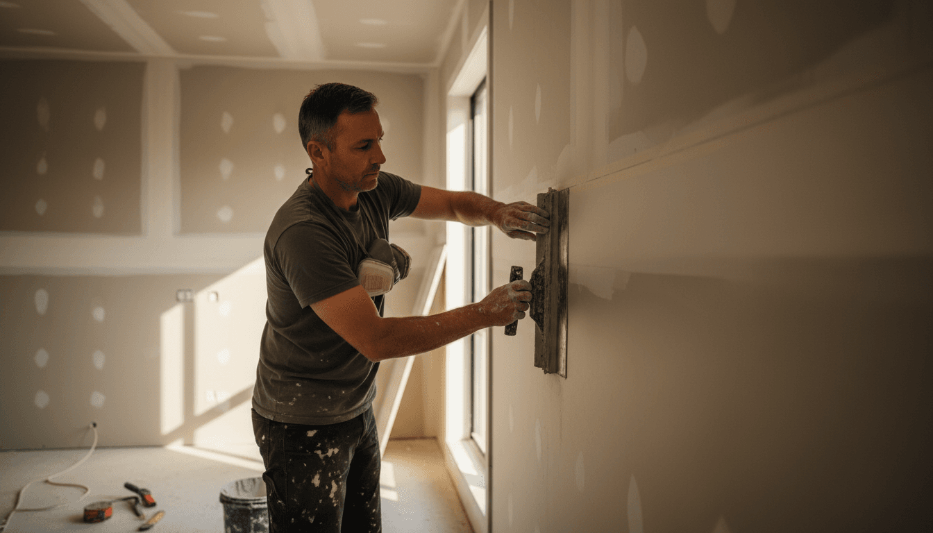 Drywall contractor carefully taping and mudding a drywall seam with precision