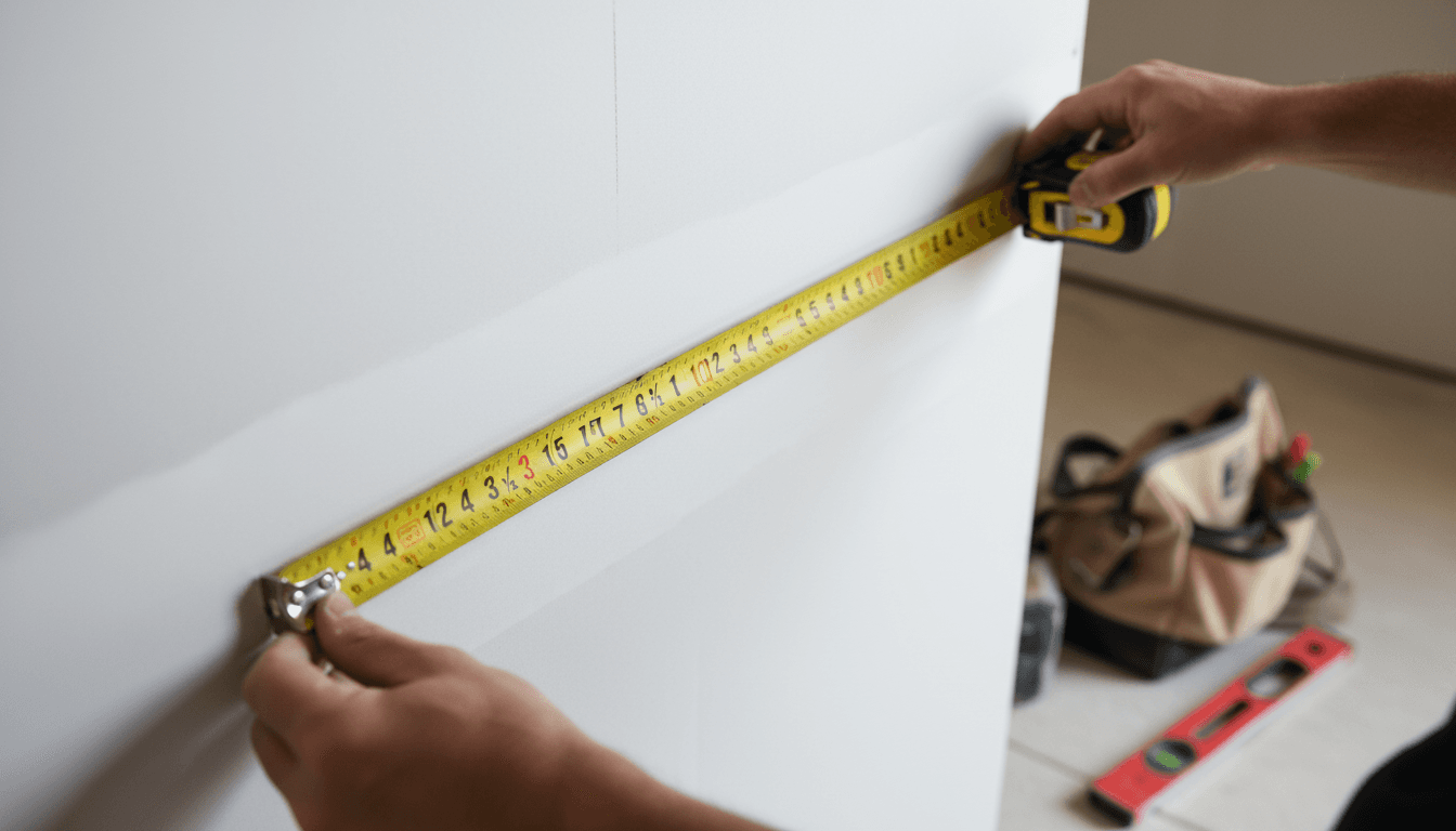 Drywall contractor measuring finished wall with precision