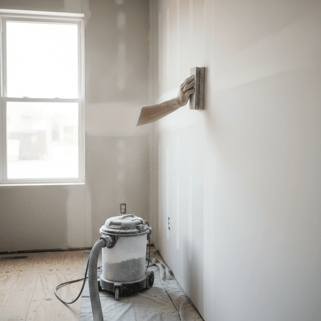 Professional sanding of drywall to achieve smooth wall finish