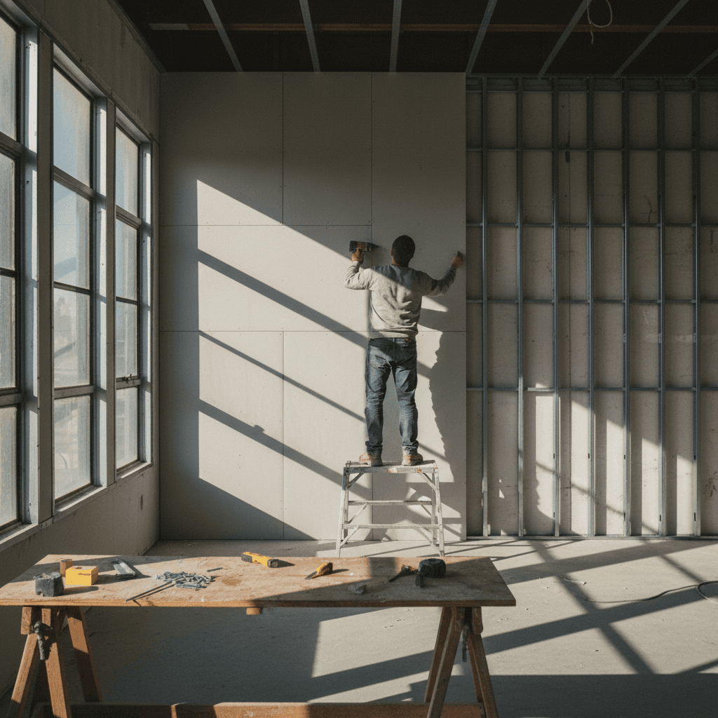 Drywall sheet installation on wall studs