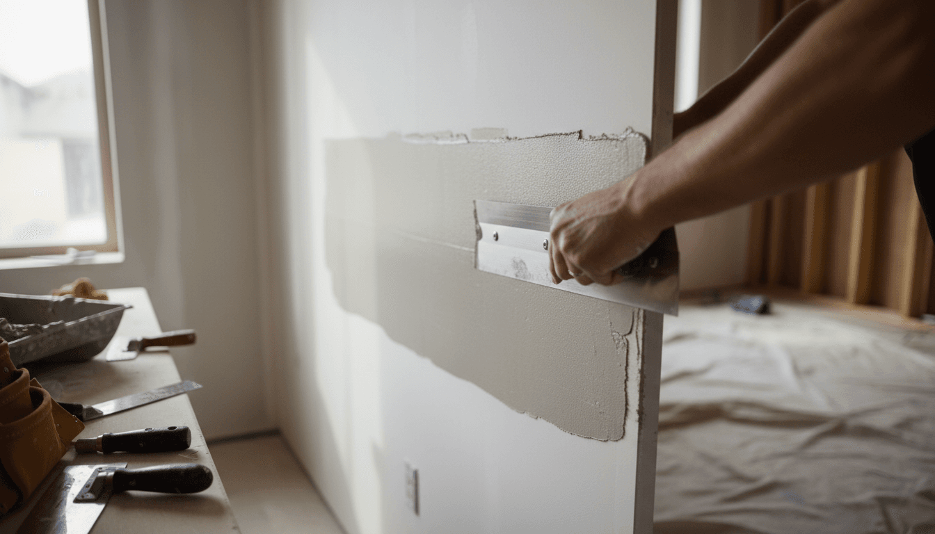 Close-up of drywall taping and finishing work showing professional application technique