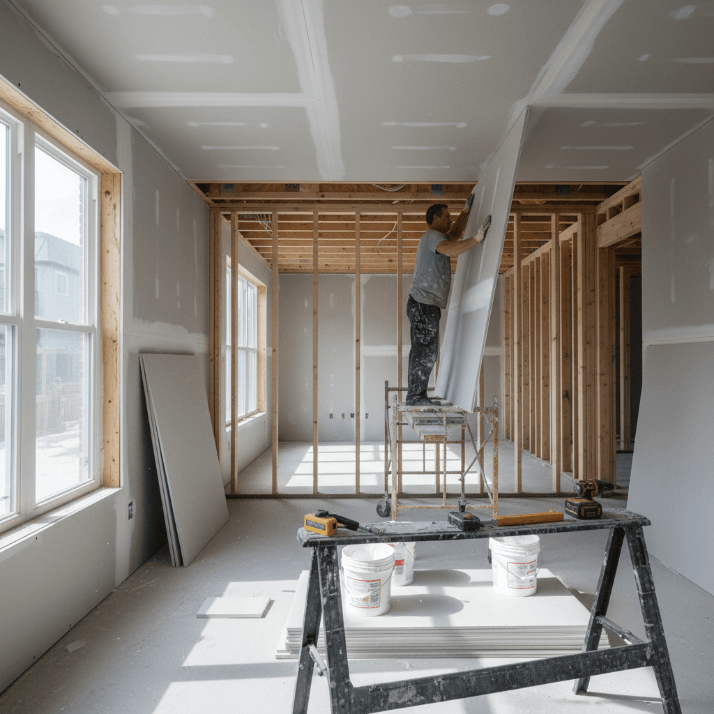 Contractor installing large drywall sheets on wall framing
