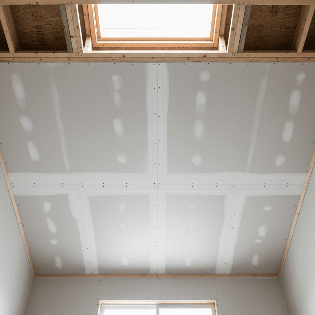 Drywall ceiling installation showing professional hanging technique