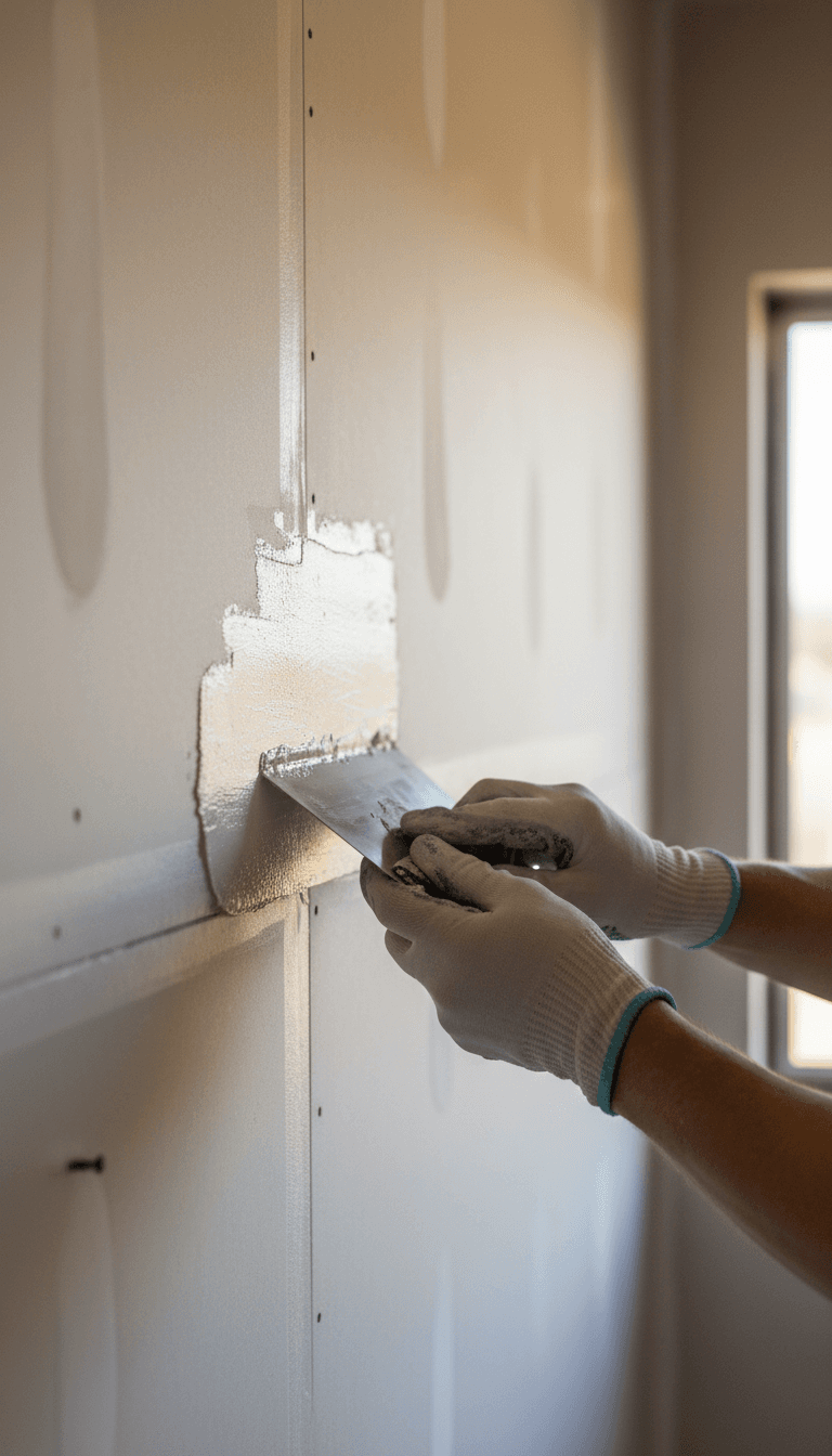 Close-up of professional drywall taping and mudding work