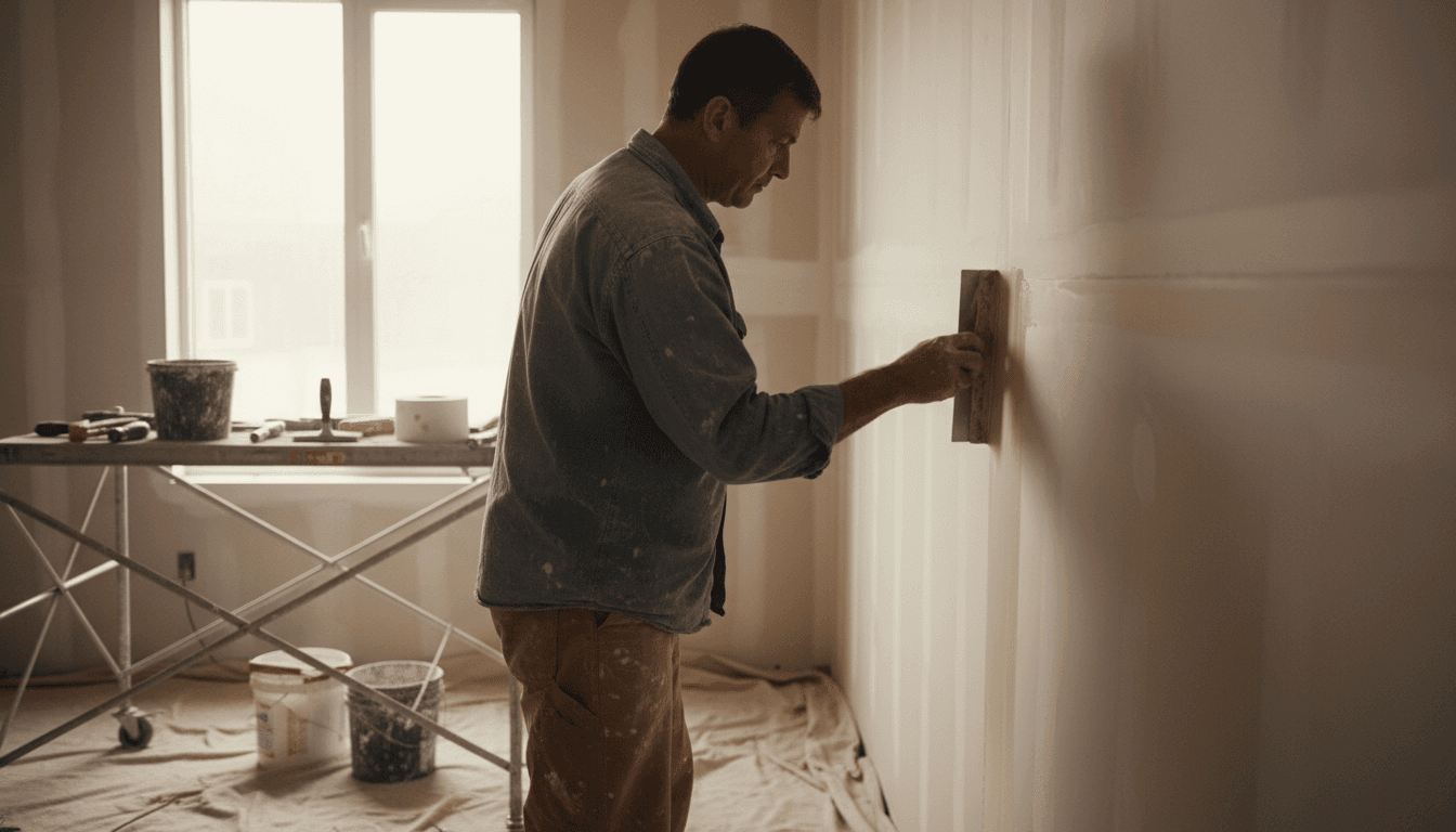 Professional drywall contractor taping and finishing a wall with precision and care