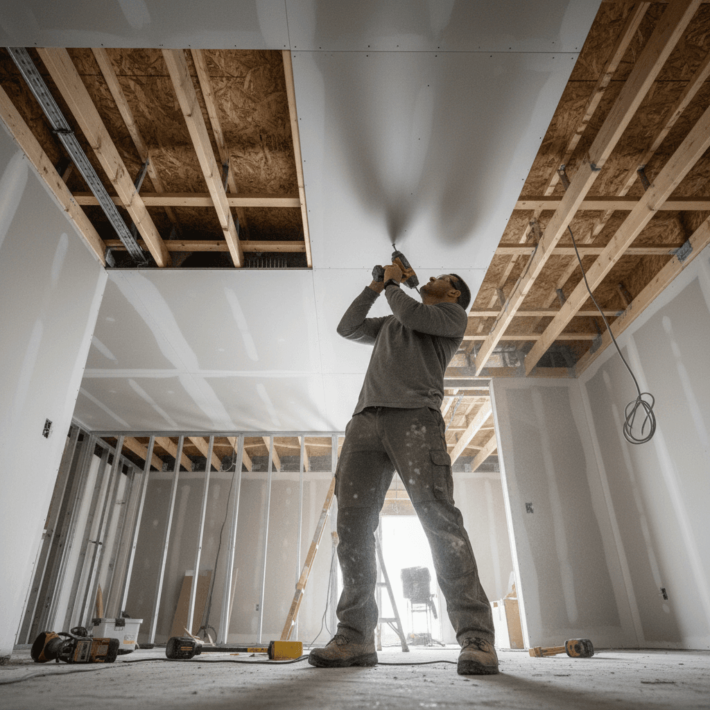 Contractor installing drywall ceiling panels from below
