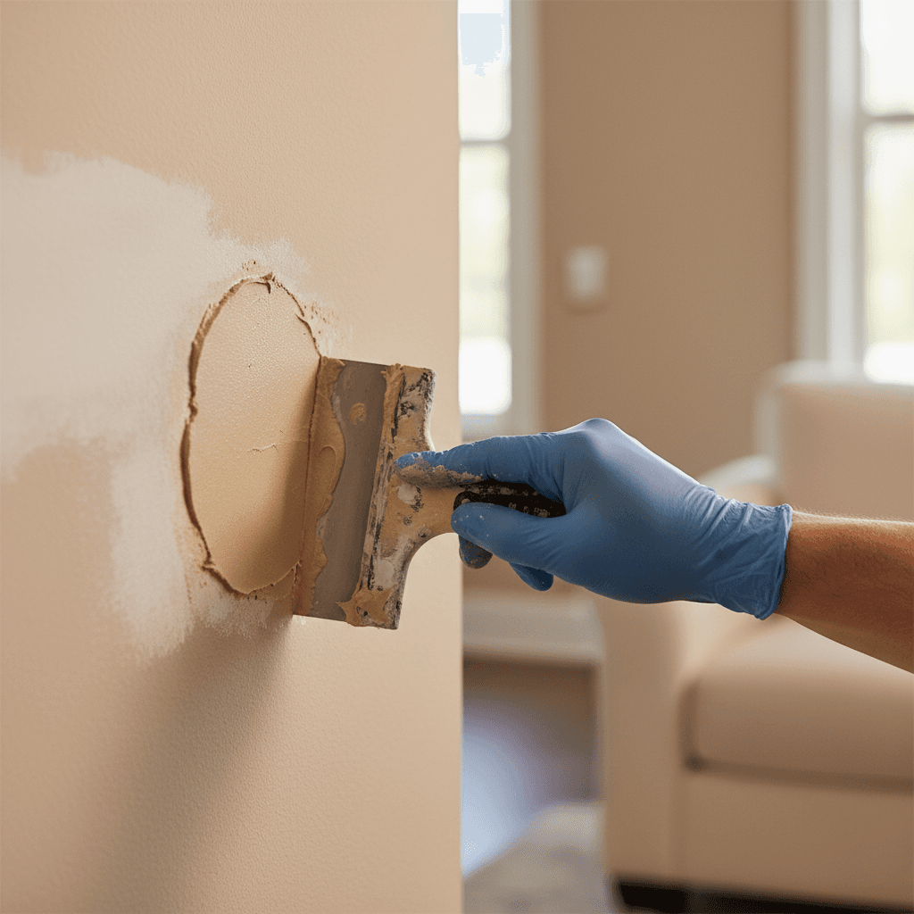 Close-up of smooth drywall repair being finished with a putty knife