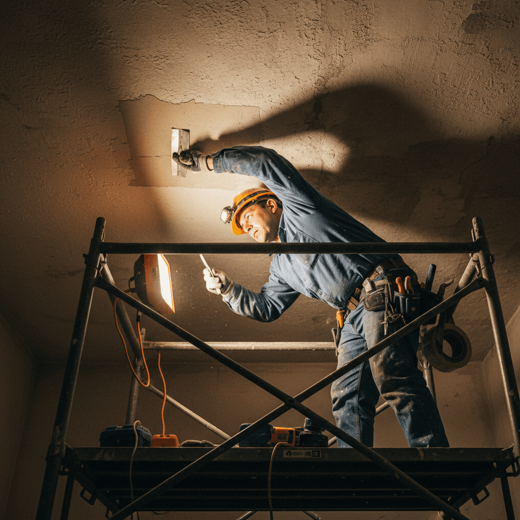 Ceiling drywall repair work in progress